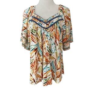 Democracy Multicolor Tropical Leaf V-Neck Flowy Blouse Top Large NWOT